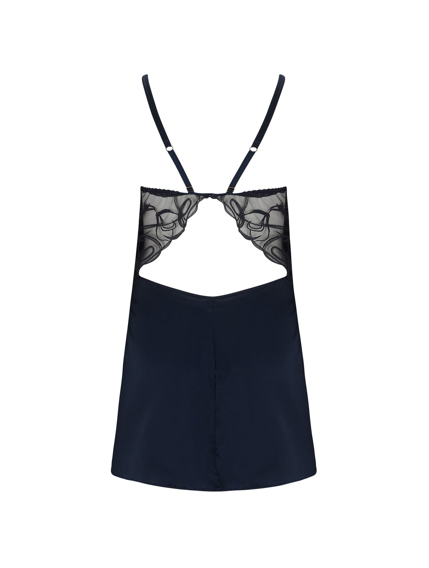 Back of navy blue Fridar Curve Silk Babydoll with open back.