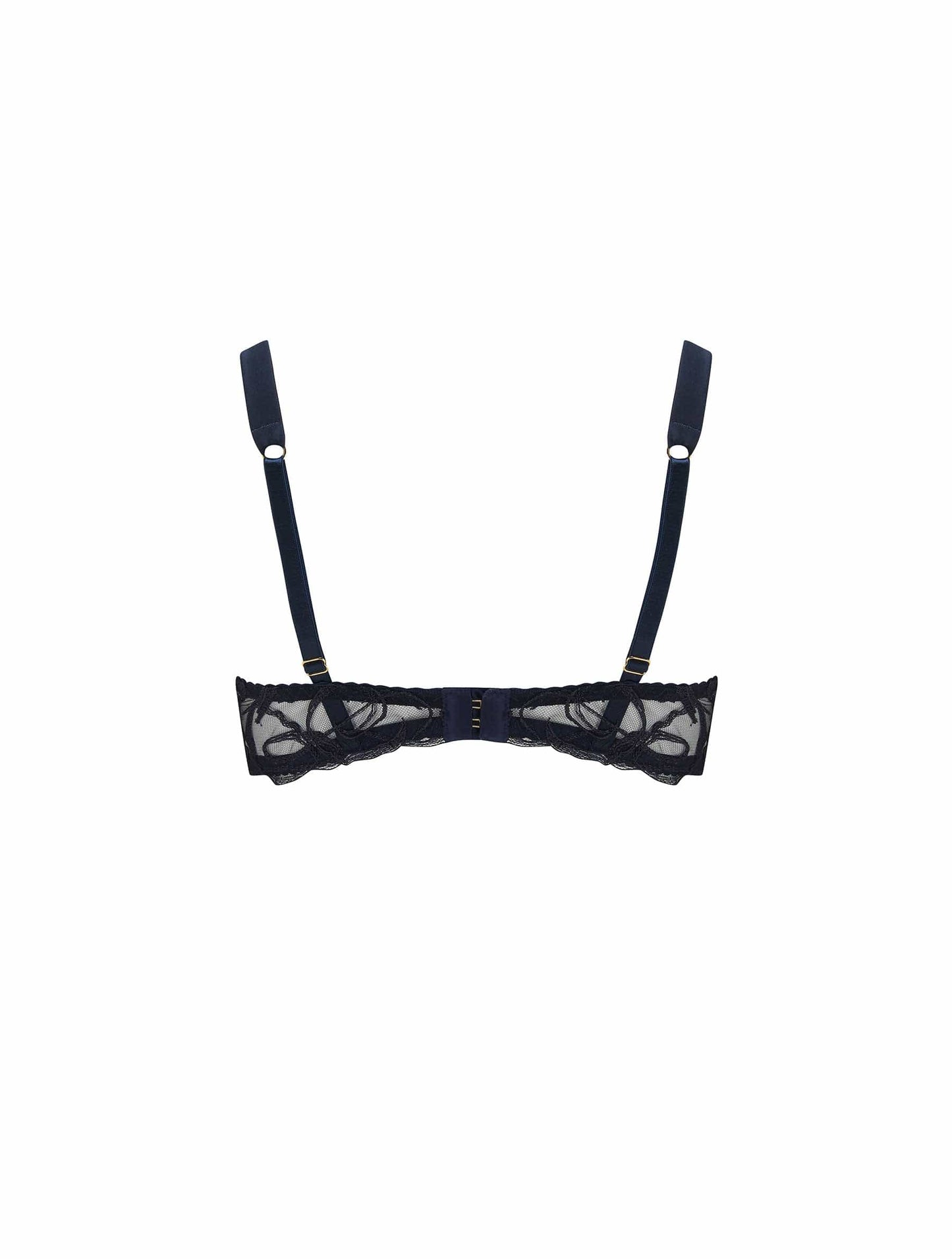 Back of navy silk balcony bra from Fleur Of England's Fridar collection