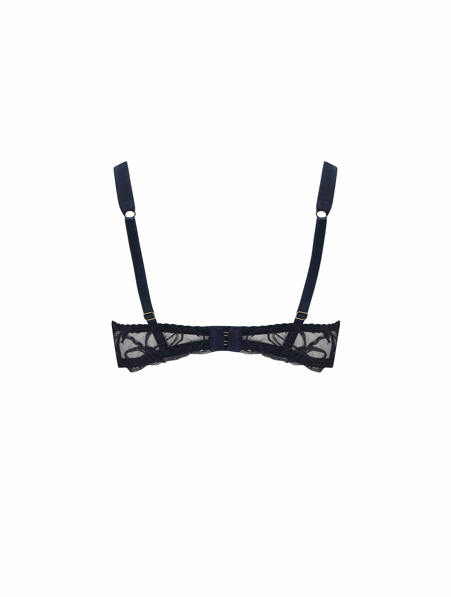 Back of navy silk balcony bra from Fleur Of England's Fridar collection
