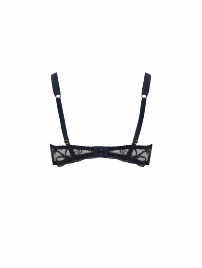 Back of navy silk balcony bra from Fleur Of England's Fridar collection