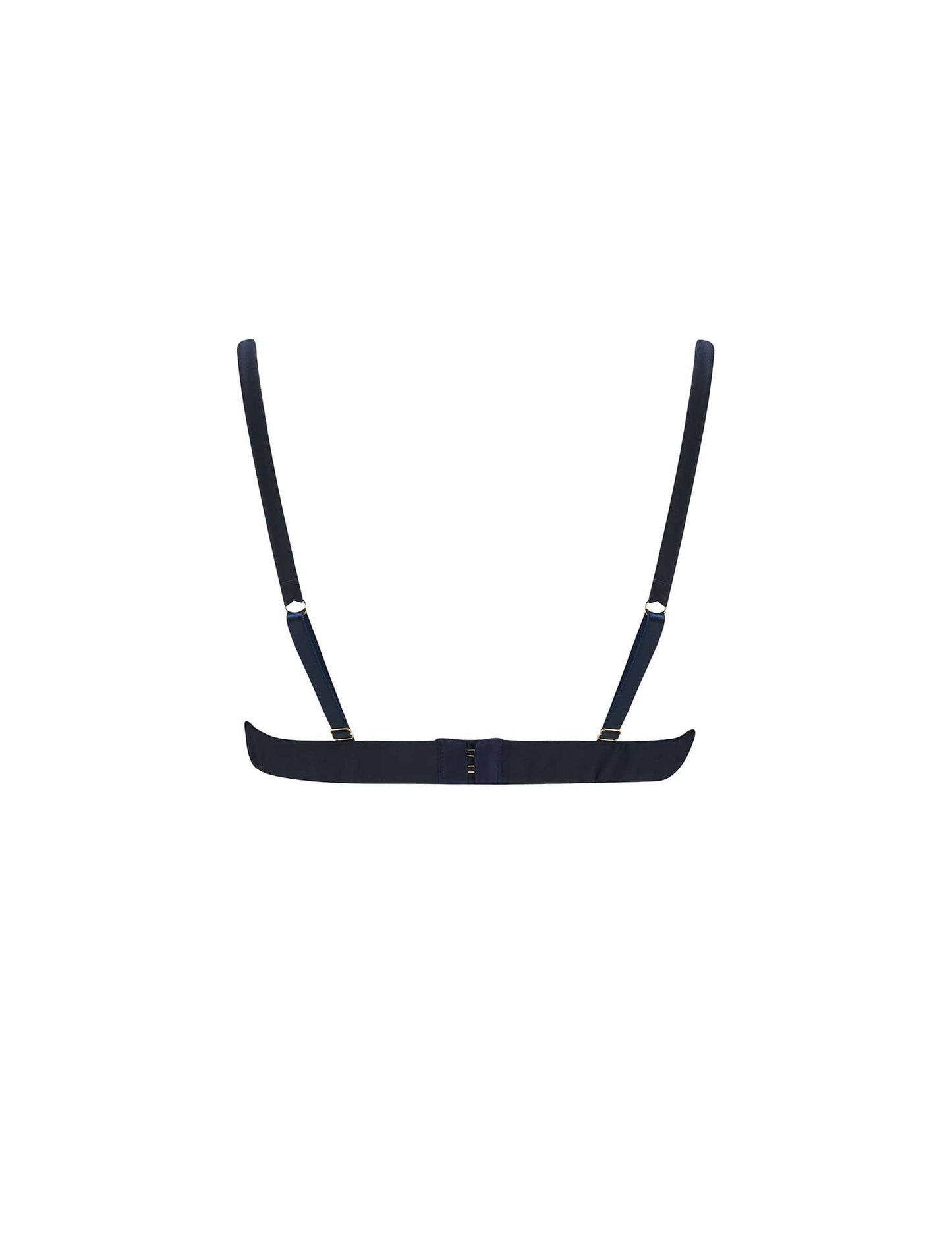Back of navy blue Fridar Boudoir Bra with silk straps.