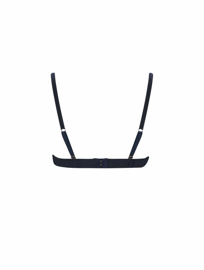 Back of navy blue Fridar Boudoir Bra with silk straps.