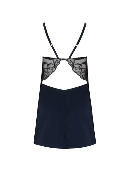 Back of navy blue Fridar Curve Silk Babydoll with open back.