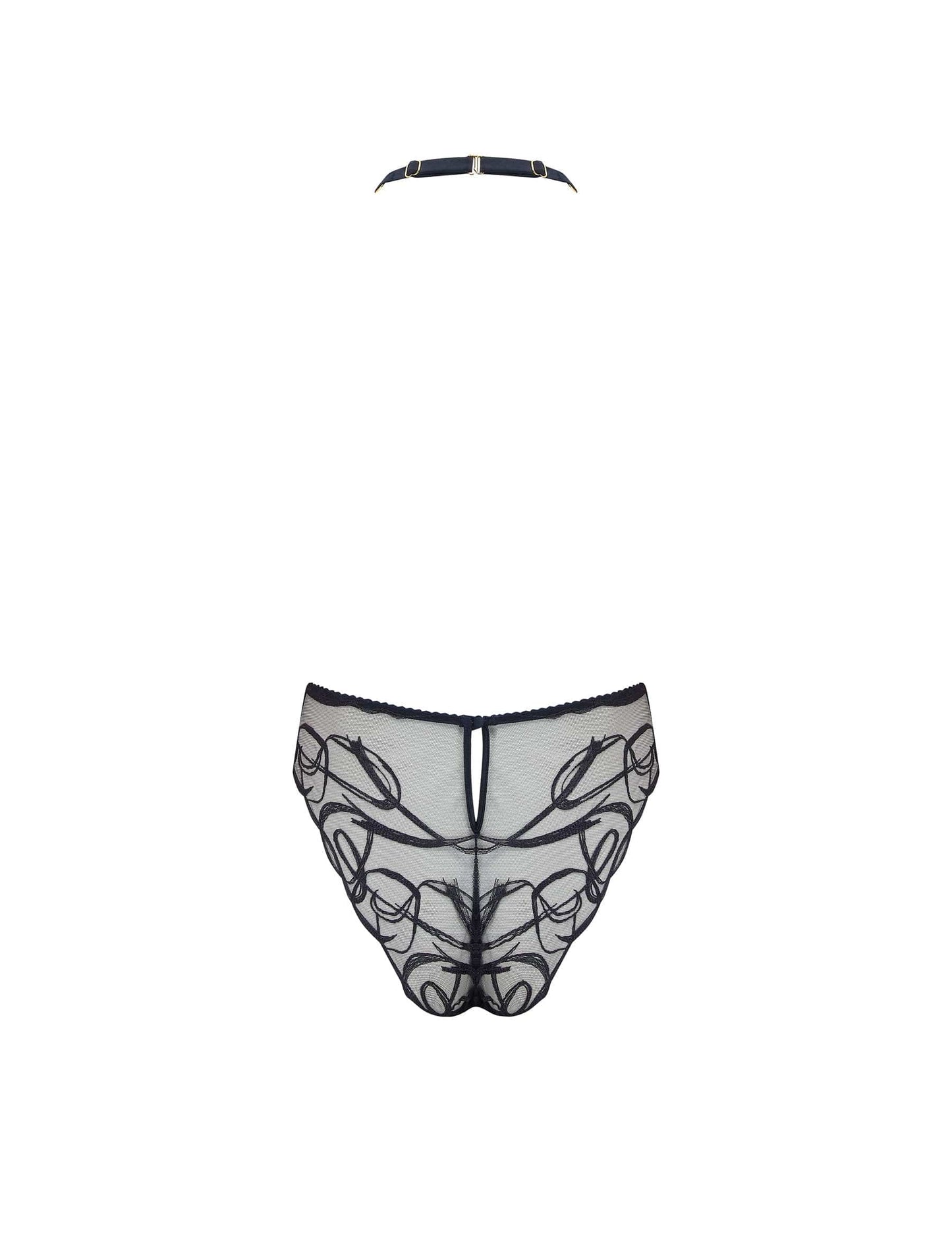Back of sheer, embroidered, halter neck Bodysuit from the Fridar collection.