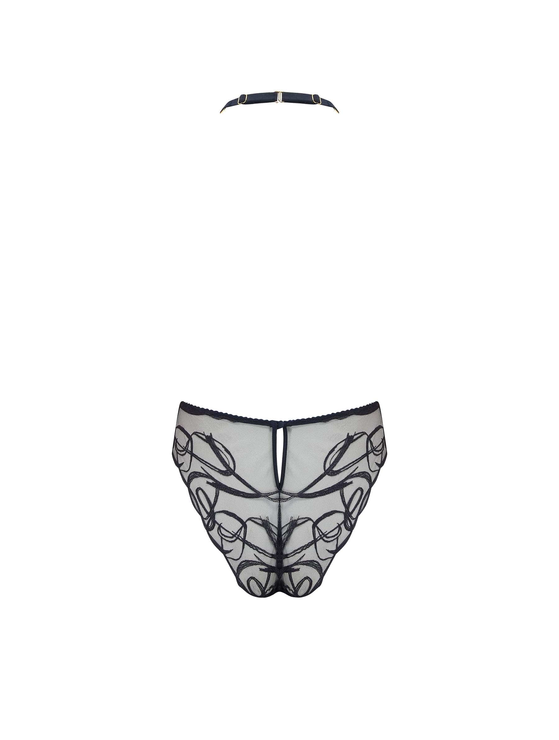 Back of sheer, embroidered, halter neck Bodysuit from the Fridar collection.