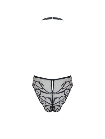 Back of sheer, embroidered, halter neck Bodysuit from the Fridar collection.