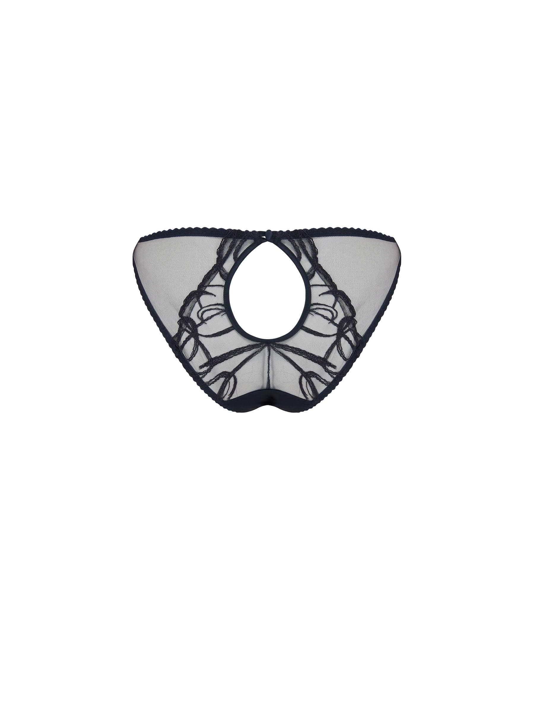 Back of sheer navy blue Fridar Ouvert Brief.