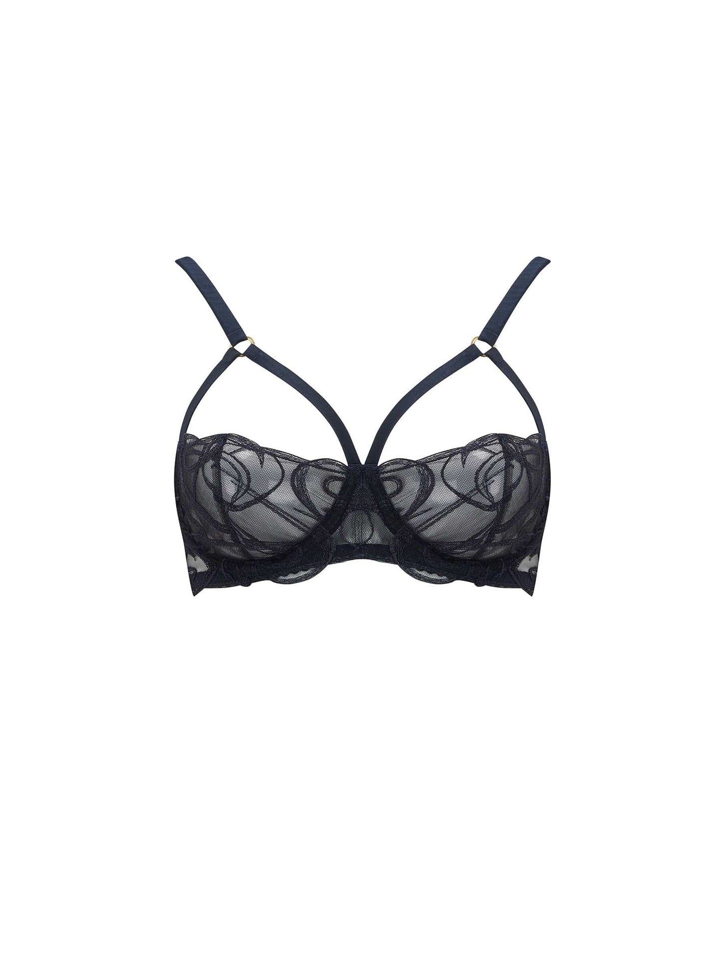 Fleur of England's navy blue, embroidered Strap Balcony Bra from the Fridar collection.