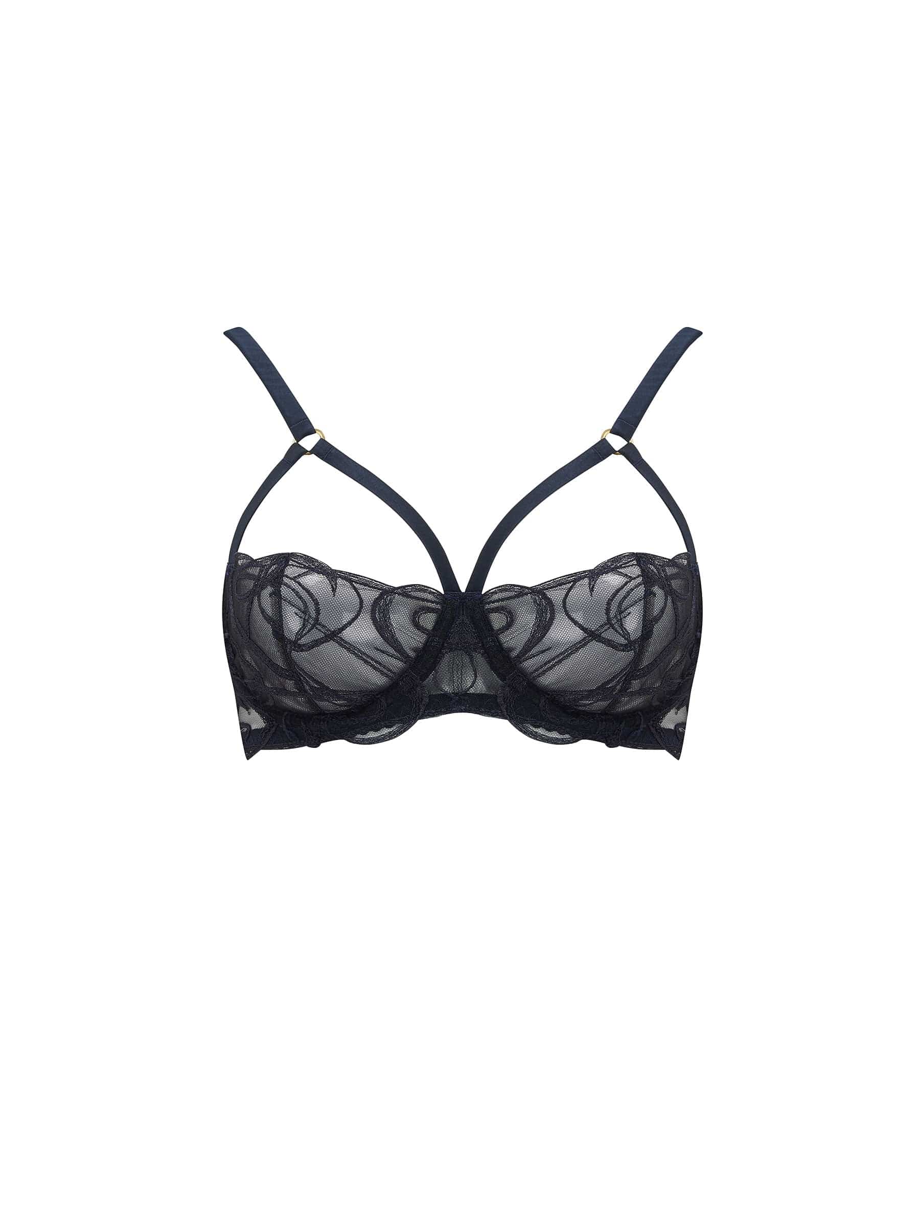 Fleur of England's navy blue, embroidered Strap Balcony Bra from the Fridar collection.