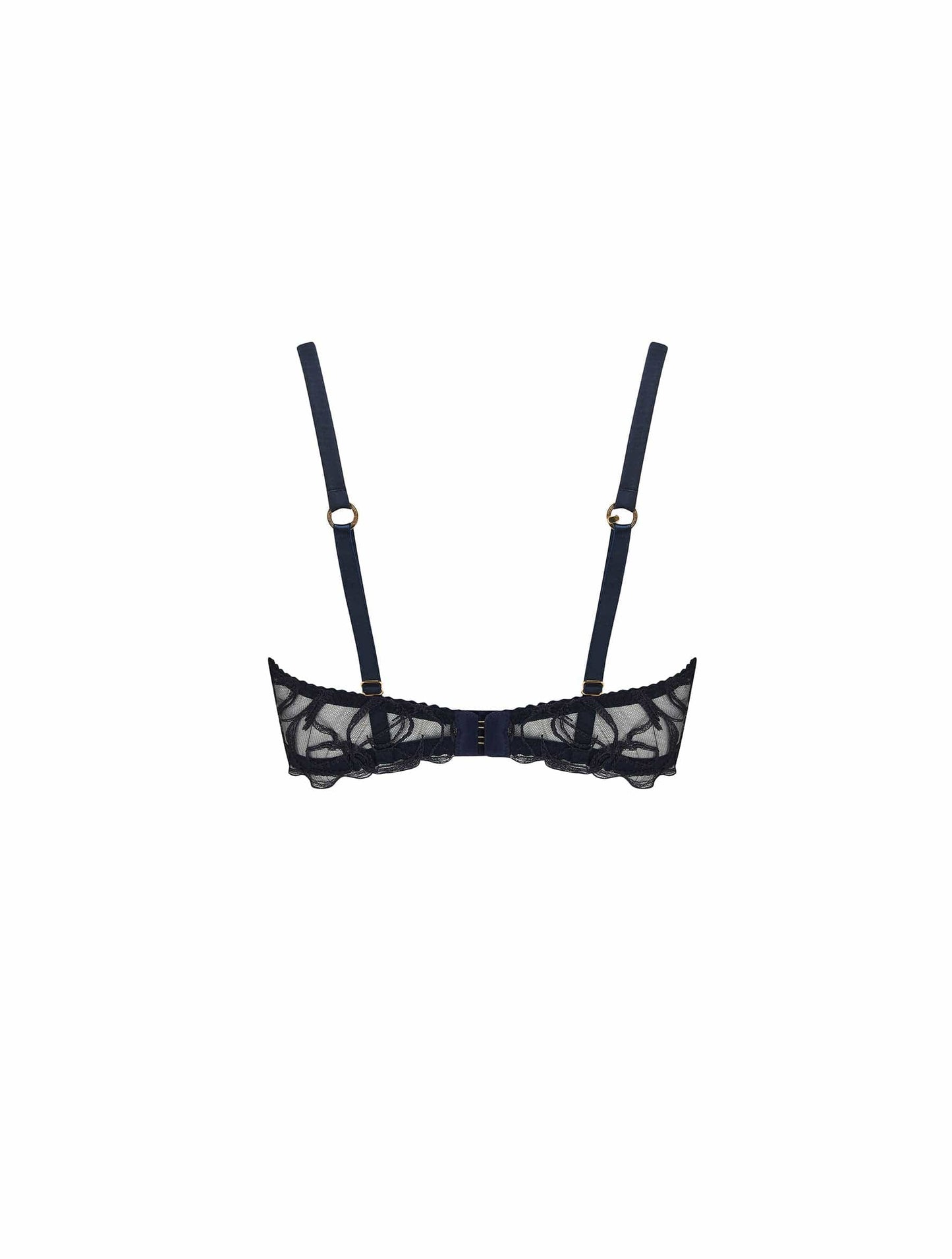 Back of navy blue, embroidered Fridar Strap Balcony Bra with silk straps.