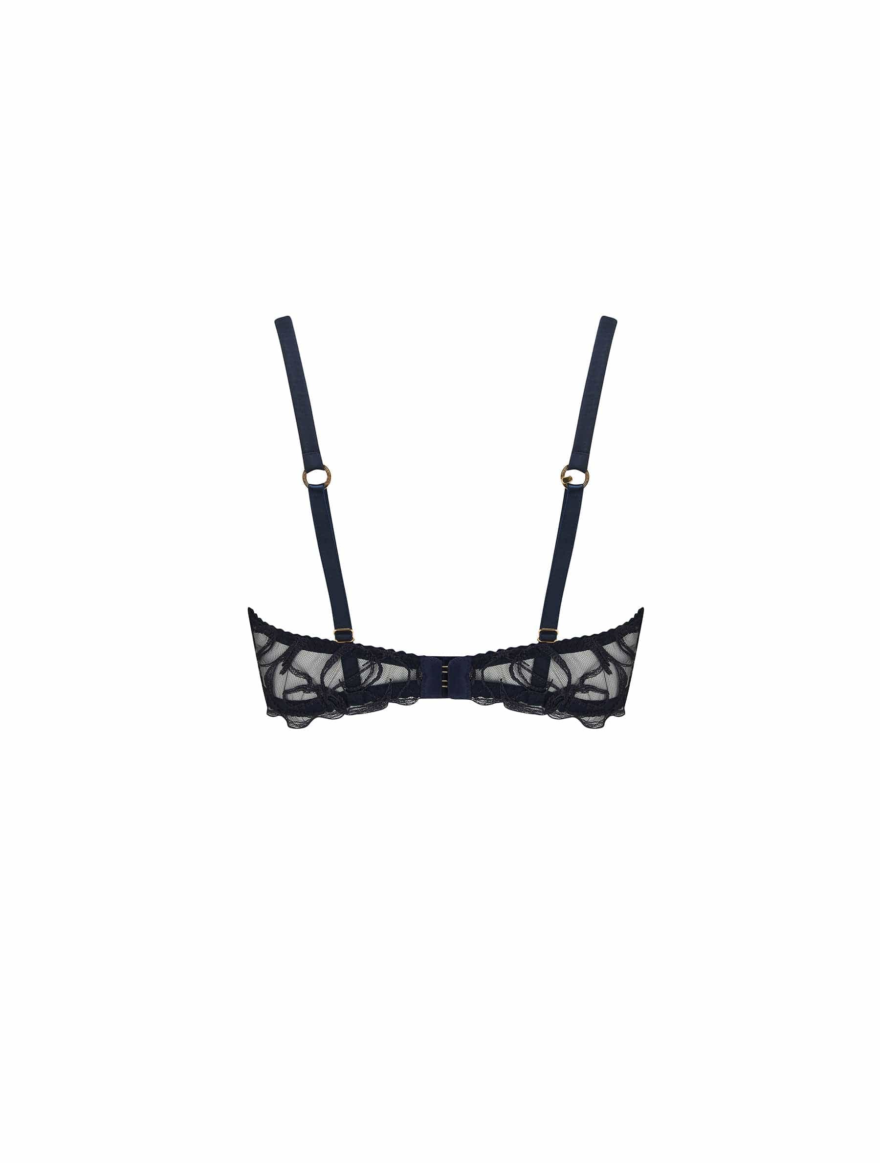 Back of navy blue, embroidered Fridar Strap Balcony Bra with silk straps.