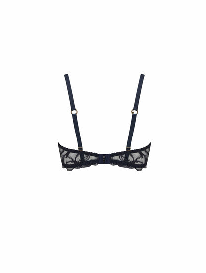 Back of navy blue, embroidered Fridar Strap Balcony Bra with silk straps.