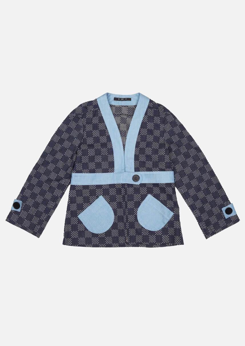 Children navy check denim jacket Owa Yurika Japanese Luxury Brand