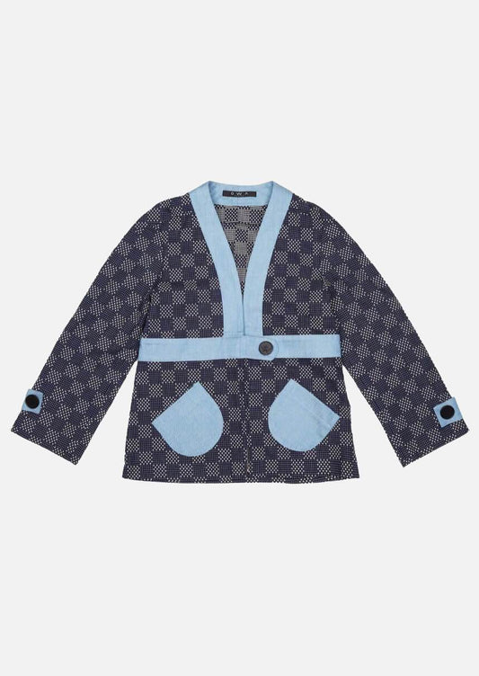 Children navy check denim jacket Owa Yurika Japanese Luxury Brand