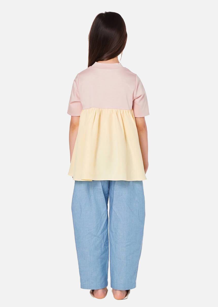 Girls yellow side and back frill pink short sleeve T-shirt Children Tops Owa Yurika Japanese Luxury Brand